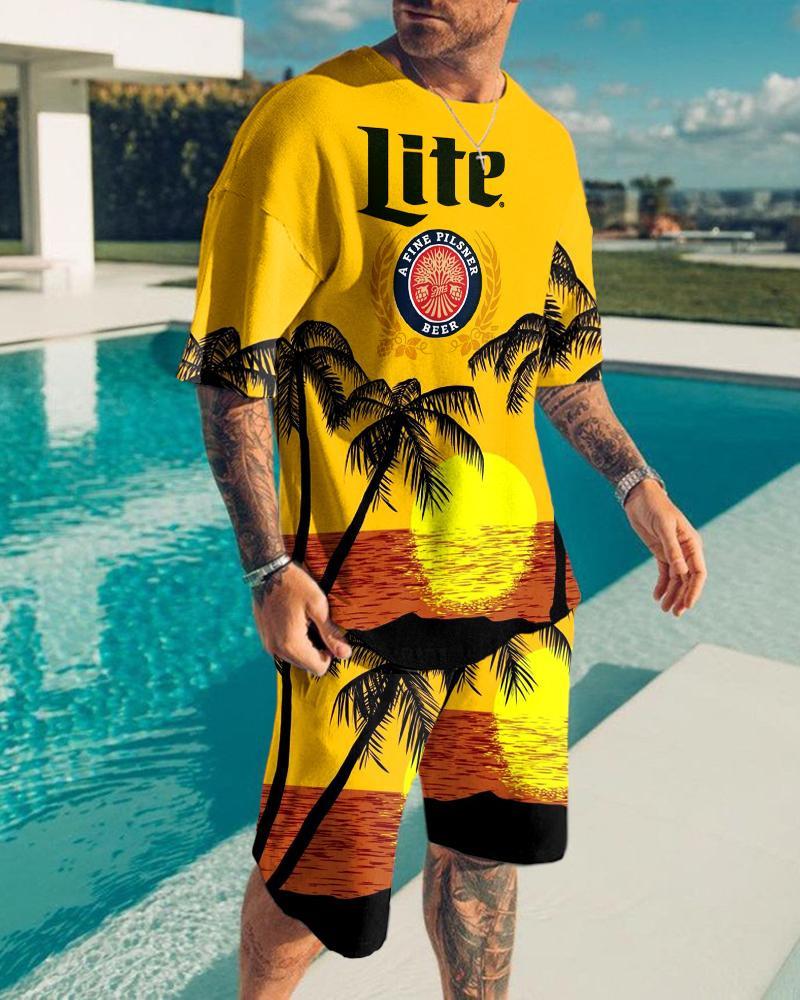 Новинка 2023 года, комплект мужских футболок для отдыха, повседневная спортивная одежда с принтом кокосовой пальмы, одежда больших размеров, шорты, костюм, летнее пляжное пальто