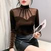 European Velvet Mesh Splicing Shirt - Women's Autumn/Winter Fashion Top