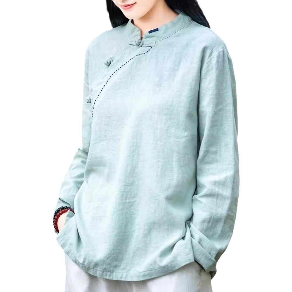 Женская рубашка из хлопка и льна в стиле ретро с длинным рукавом: Воротник-стойка/косой, свободный облегающий крой для весны, лета, осени