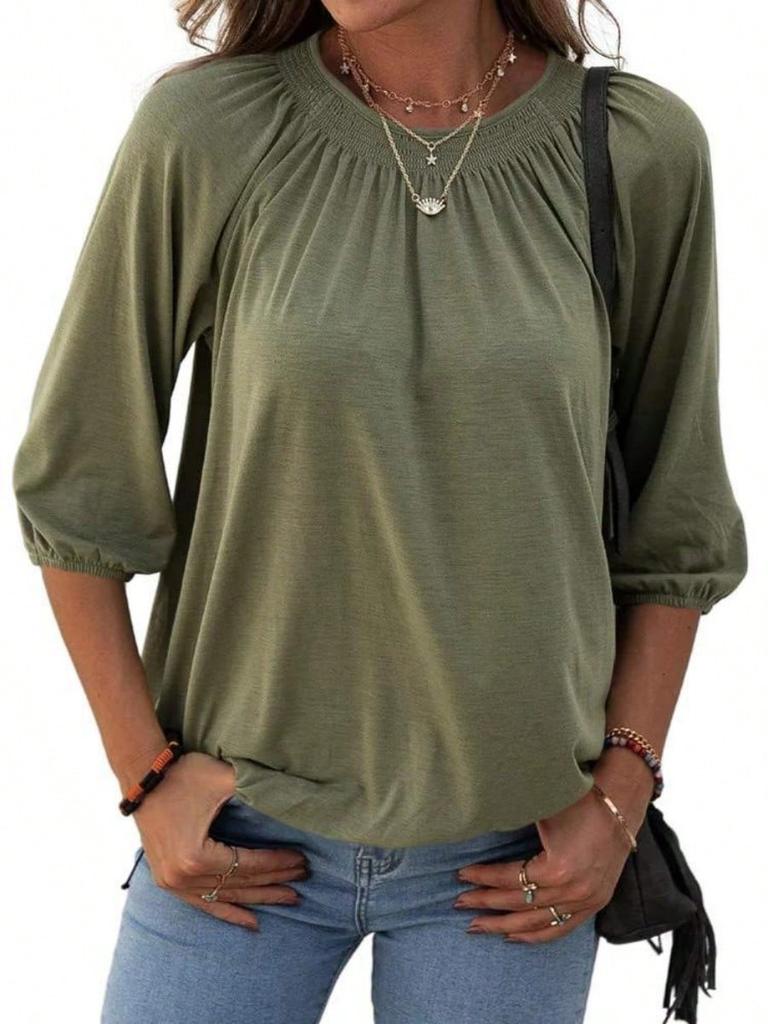 Women's Cotton Crew Neck T-Shirt Half Sleeve Loose Pleated Basic Blouse Top