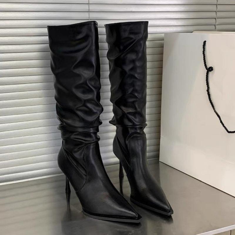 Мода 2024 Осень Новые женские сапоги с острым носком и плиссировкой Модные сапоги до колена на высоком каблуке