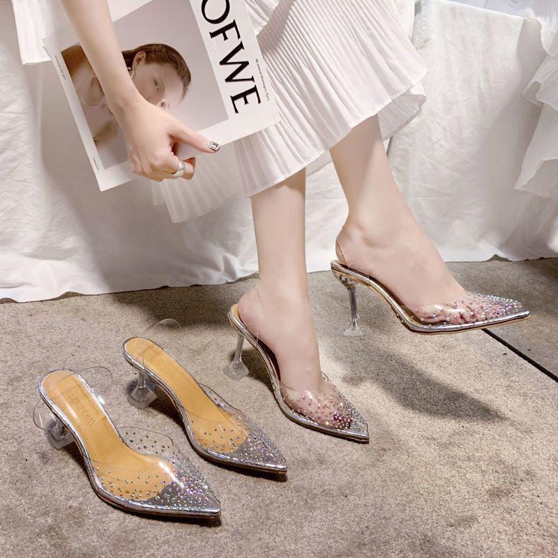 Сказочные хрустальные и стразовые туфли-лодочки с острым носком и прозрачными деталями женские 2025 лето новая коллекция банкетные туфли на высоком каблуке с закрытым носком