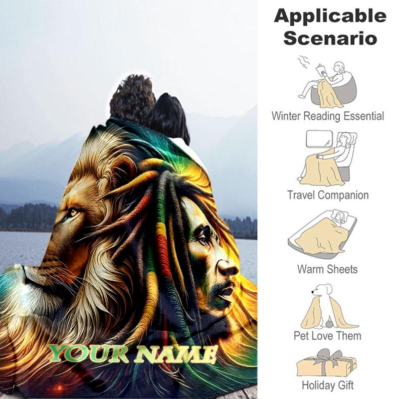 1PC Custom Name Lion Rasta Spirit flannel blanket versatile,all-season throw suitable for the living room,bedroom,camping,travel,and gift