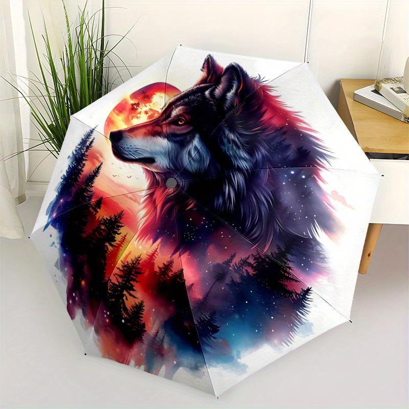 1pc Wolf Moonlit Forest Automatic Opening and Closing Umbrella - Small Umbrella Suitable for Various Occasions A094