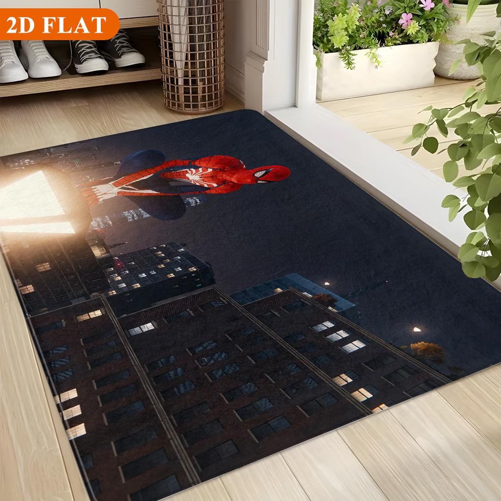 Bath Mat 1pc, Spiderman Guards City, MARVEL Flannel Rectangular Mat, Bathroom Non-Slip Entrance Mat, Fun Door Decoration Mat,