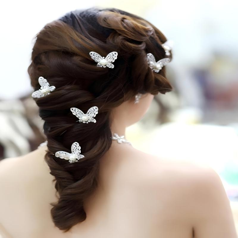 Vintage-Style Metal Hollow Butterfly Hairpins, Silvery Hair Clips with Butterfly Faux Pearls and Rhinestones for Brides