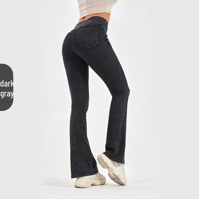 Women's High-Waisted Flared Yoga Pants with Pockets - Imitation Denim, Tummy Control, Perfect for Outdoor and Casual Fitness.