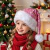 Sequin Christmas Hat for Adults Sparkly Santa Women Men, Glitter with White Fluffy Trim Reusable Cap Stage Performance And Pom Pom, Holiday