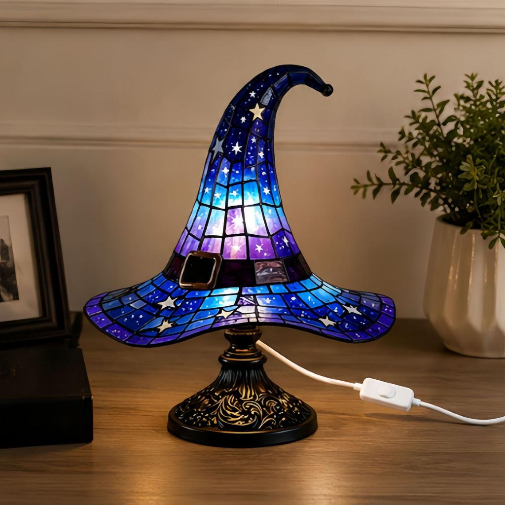 Halloween Witch Hat Lamp Resin Ornament USB Plug-in Light Decor, Festive Table Lamp