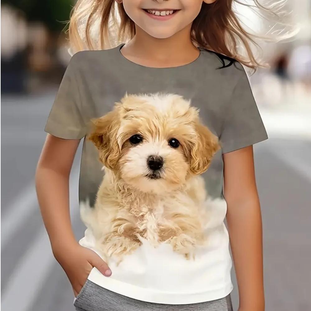 Футболка для девочек с 3D-принтом, милая футболка с графикой собаки, летняя, с короткими рукавами, повседневная, модная, с круглым вырезом, с короткими рукавами, детская одежда
