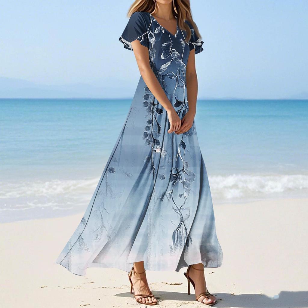Женские повседневные модные длинные платья с принтом, платья с V-образным вырезом и коротким рукавом
