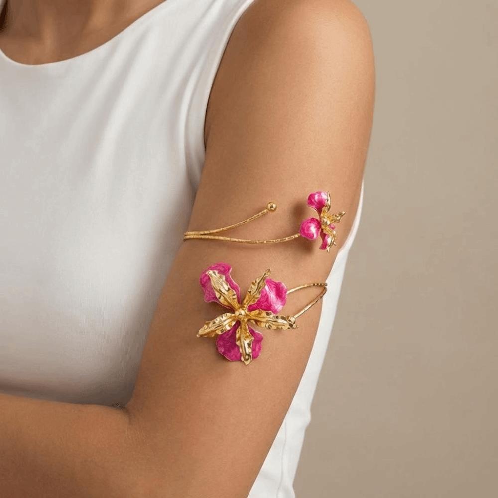 Adjustable Butterfly Orchid Bracelet Enamel Glaze Flower Armband Elegant Open Arm Bangle Gift