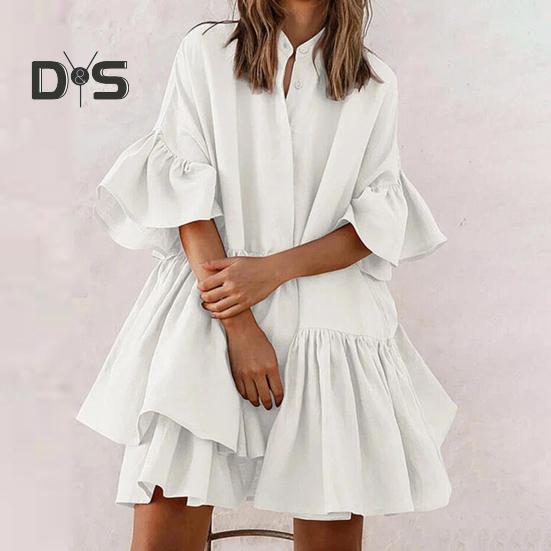 Женское многоярусное платье-бэбидолл с плиссированными рукавами, летнее повседневное свободное мини-платье средней длины для повседневной жизни и пляжных вечеринок