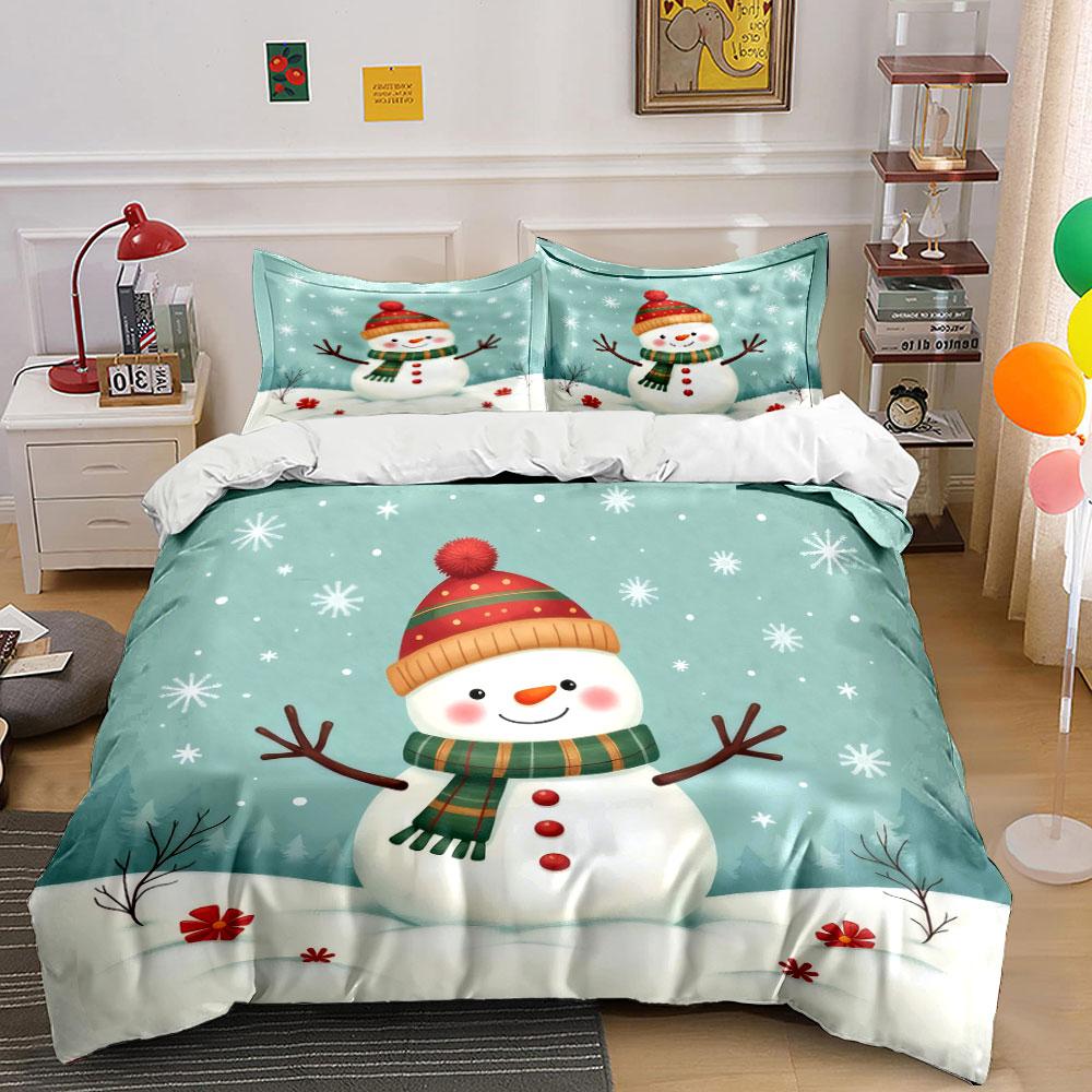 Snowman with Hat and Scarf Bedding Duvet Cover Set (1*Duvet Cover 2*Pillowcases, without duvet insert)