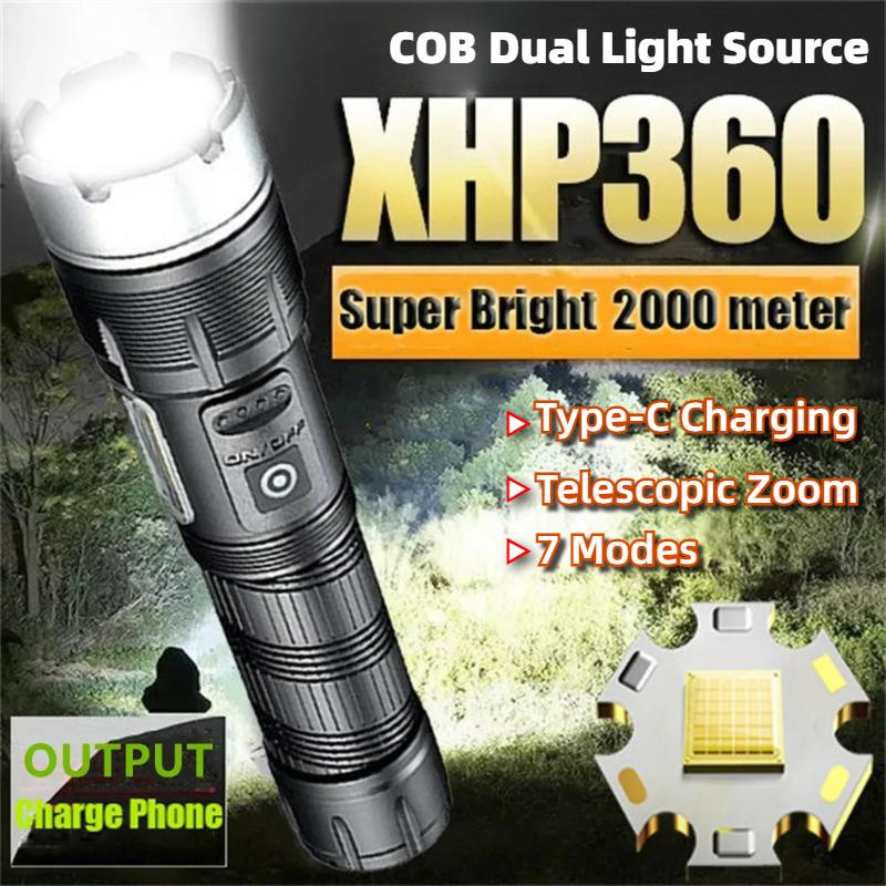 Светодиодный фонарик XHP360 высокой мощности 5000 мАч, сверхяркий 36-ядерный фонарь, USB-перезаряжаемый, с зумом, для кемпинга, охоты