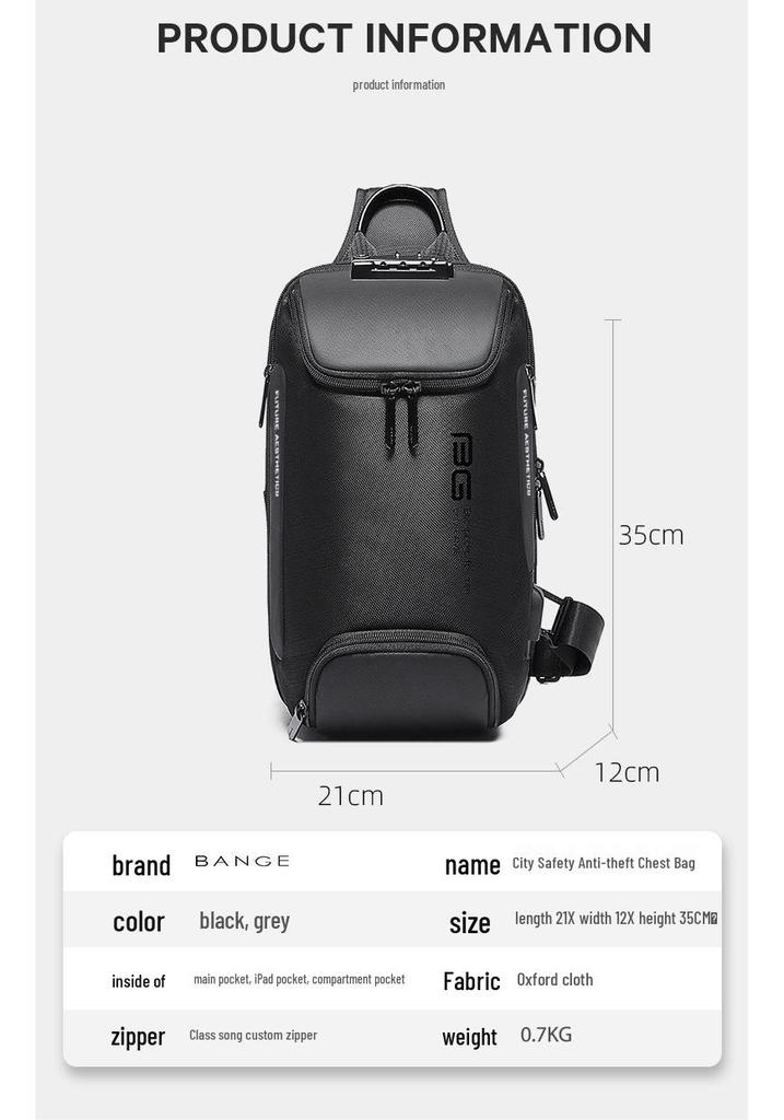 BANGE Men's Anti-theft Tech USB Crossbody Chest Bag