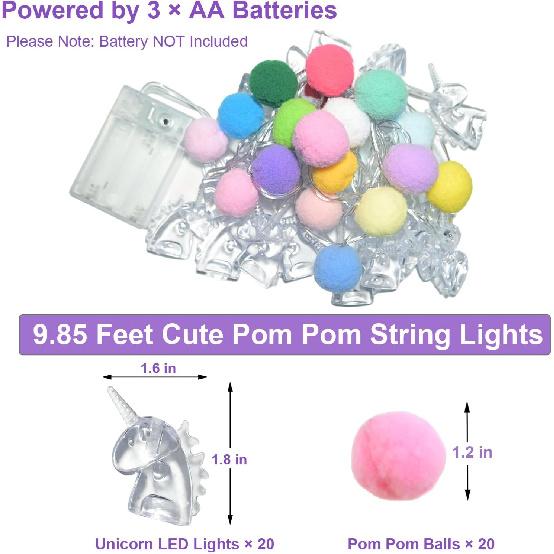 ChiRee Colorful Unicorn String Lights with Pom Poms Cute Decor for Bedroom