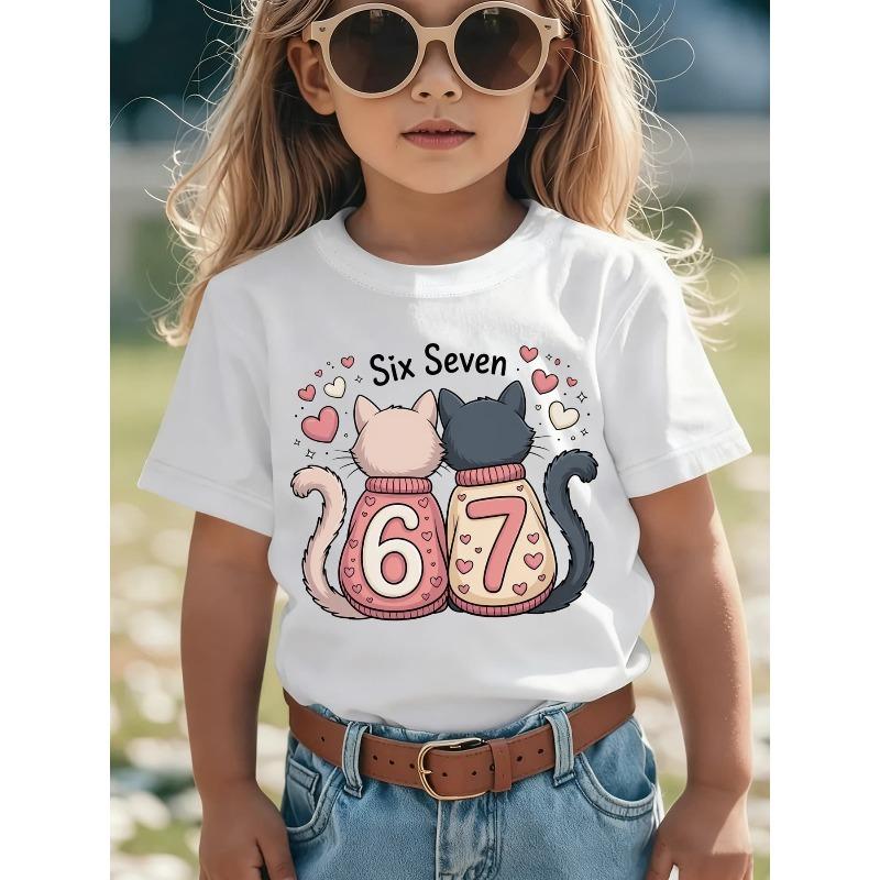 European sizes Girls' Short Sleeve T-Shirt for Valentine'S Day | Casual And Versatile Top Featuring a Cartoon Cat