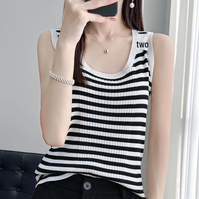 Женская летняя безрукавка из шелкового трикотажа Ice Silk Kint Camisole - Полосатый жилет с круглым вырезом