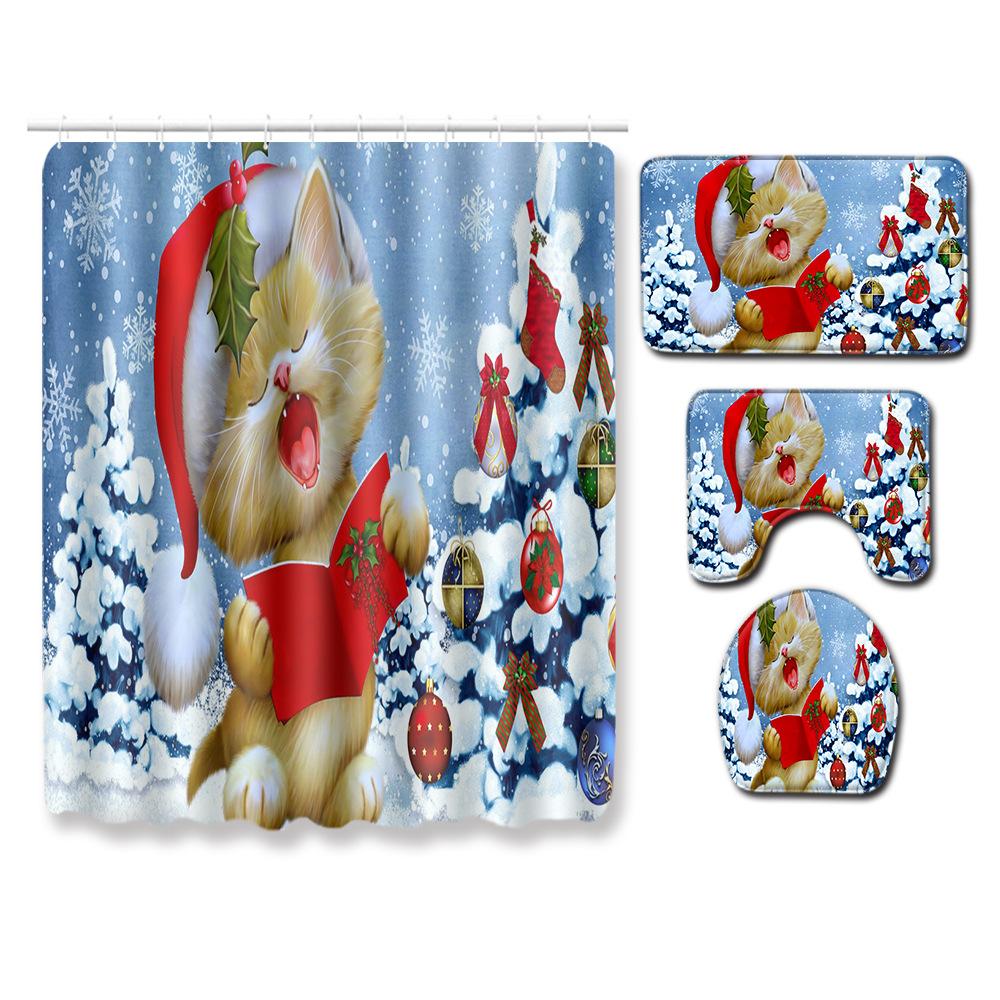 Christmas Waterproof Shower Curtain Four-Piece Combination Floor Mat Entrance Door Mat Bedroom Living Room Carpet