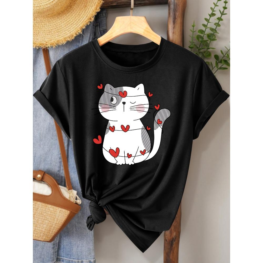 Женские хлопковые футболки с коротким рукавом Сердечко Кошка Женская футболка Милый графический повседневный бежевый топ