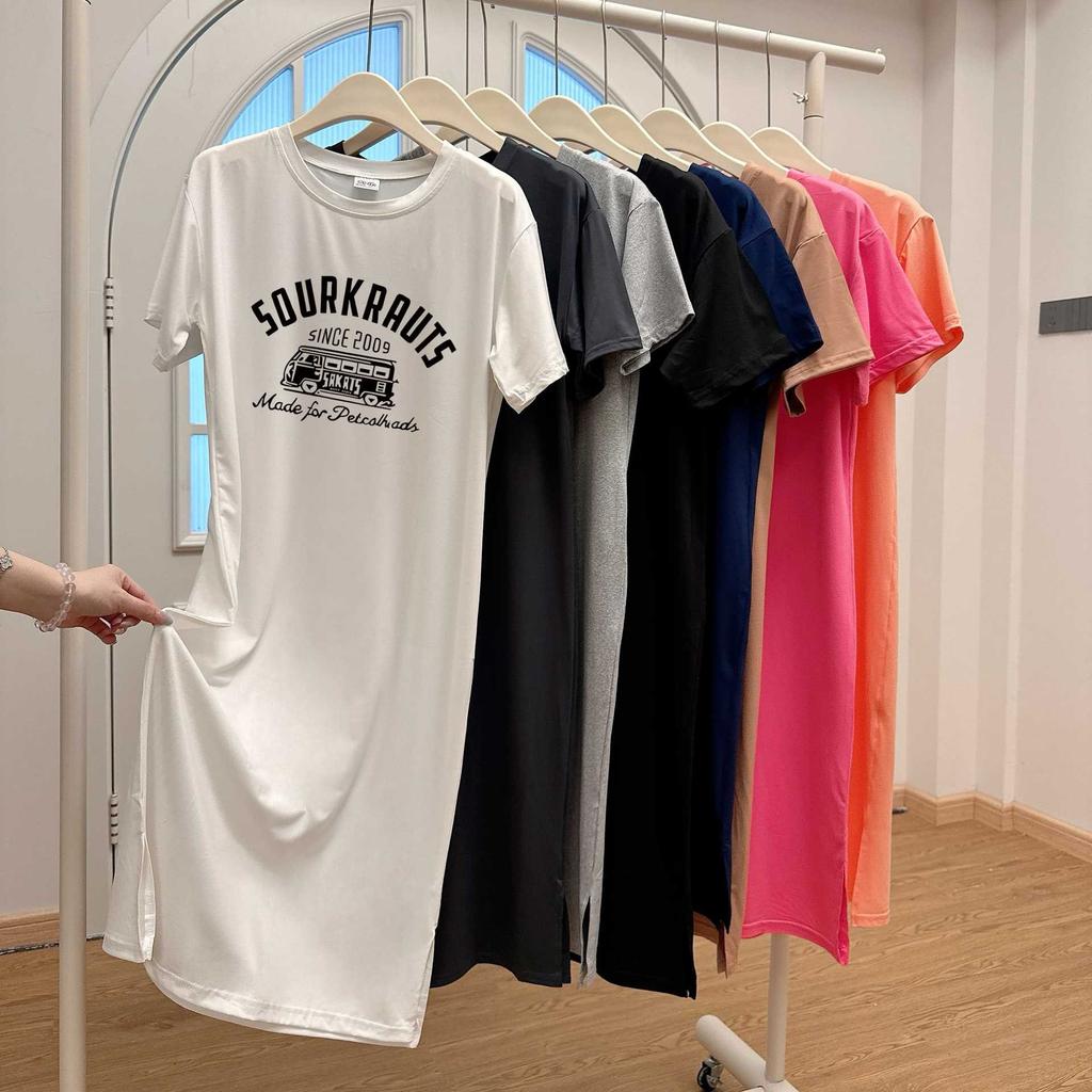 Новое платье с коротким рукавом свободного кроя, повседневное платье-футболка до колена, универсальное длинное платье средней длины, стройнящее для женщин летом