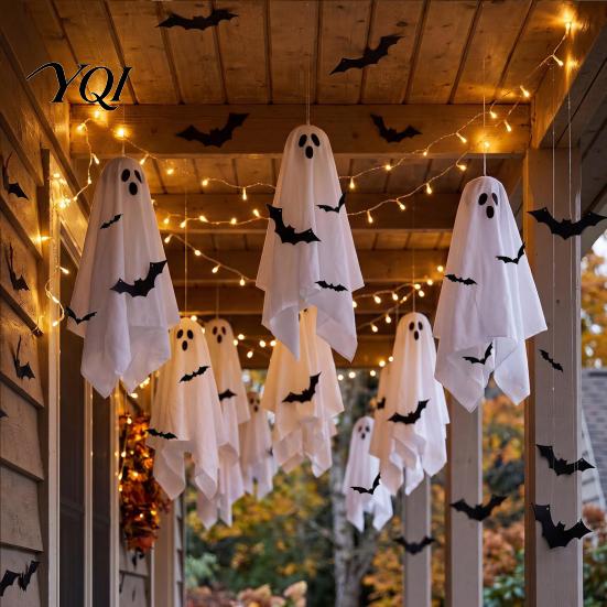 Outdoor Yard Party Props 3Pcs Hanging Ghost Bats LED Light, Halloween Fabric Spooky Bat Silhouette Pendants for Porch Indoor Decor, Festival