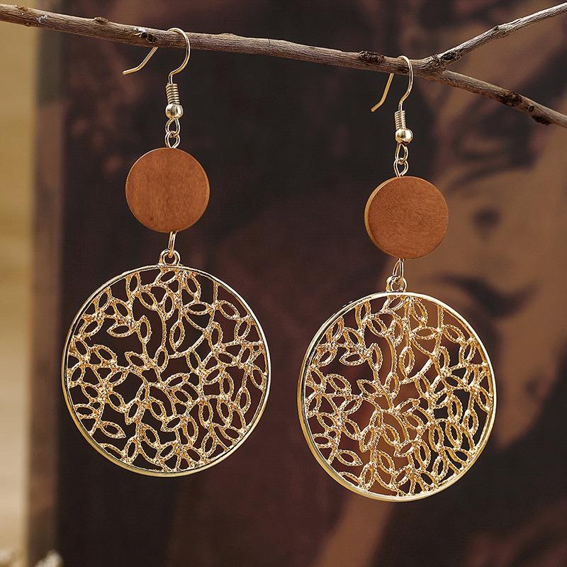 Hollow Earrings Women's Exaggerated Retro Style Wood Alloy Engraved Long Face Thin Stud Earrings