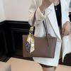 Women's Large Capacity Tote Bag with Scarf Decoration and Lychee Grain - Crossbody Solid Color Fashion Accessory