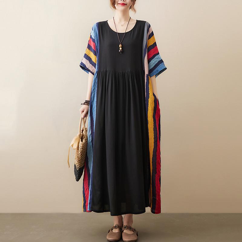 Short Sleeve Plus Size Cotton Women Casual Loose Long Dress