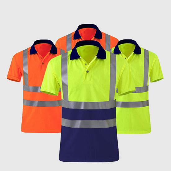High Visibility Safety T-Shirt Button Lapel Tee Shirt with Reflective Tape Quick-dry Breathable Workwear Security Top for Construction Workers