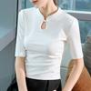 White Chinese Style Buttoned Top New Autumn Five-point Sleeve New Chinese Women's Stand-up Collar Mid-sleeved Cotton T-shirt for Women