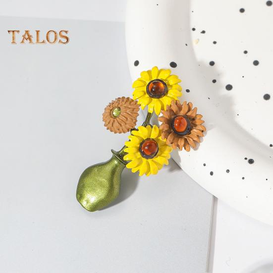 Women Brooch Sunflower Vase Shape Retro Enamel Anti-slip Polished Coat Collar Bag Scarf Hat Decoration Clothes Pin Party Banquet Clothing Jewelrys