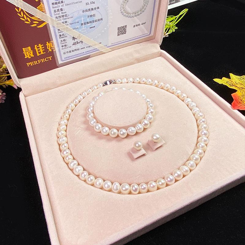 Natural Freshwater Pearl Necklace Green Chalcedony Pendant Genuine Pearl Jewelry Set Geometric Design Office/career Style