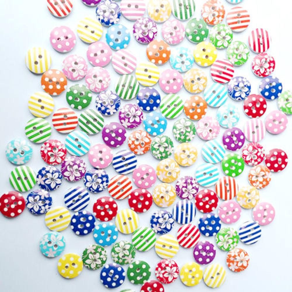 100pcs 15mm Mixed Round Pattern 2 Holes Wood Buttons Sewing Scrapbooking New