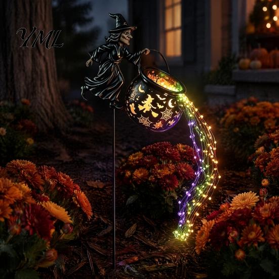 Glowing Yard Art for Halloween Witch Cauldron Light, Flying Silhouette Garden Stake with Colorful Landscape Lighting LED, Spooky Outdoor Decorative