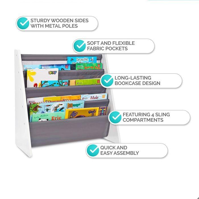 GINGER HOME – Étagère Bibliothèque Enfant 4 Compartiments, Meuble de Rangement Livres et Jouets, Blanc/Gris