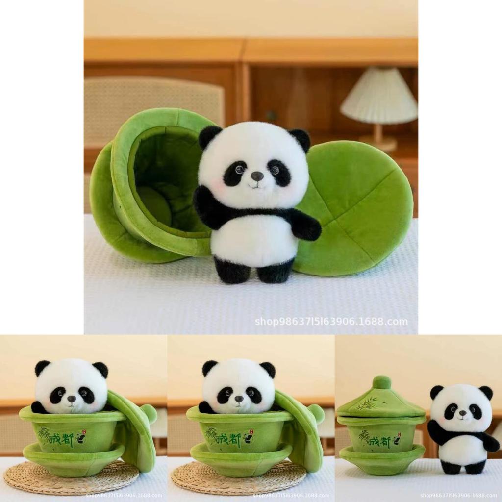 Cuddly Animal Plush Panda Figurine With Innovative Tea Cup Style 19cm Height