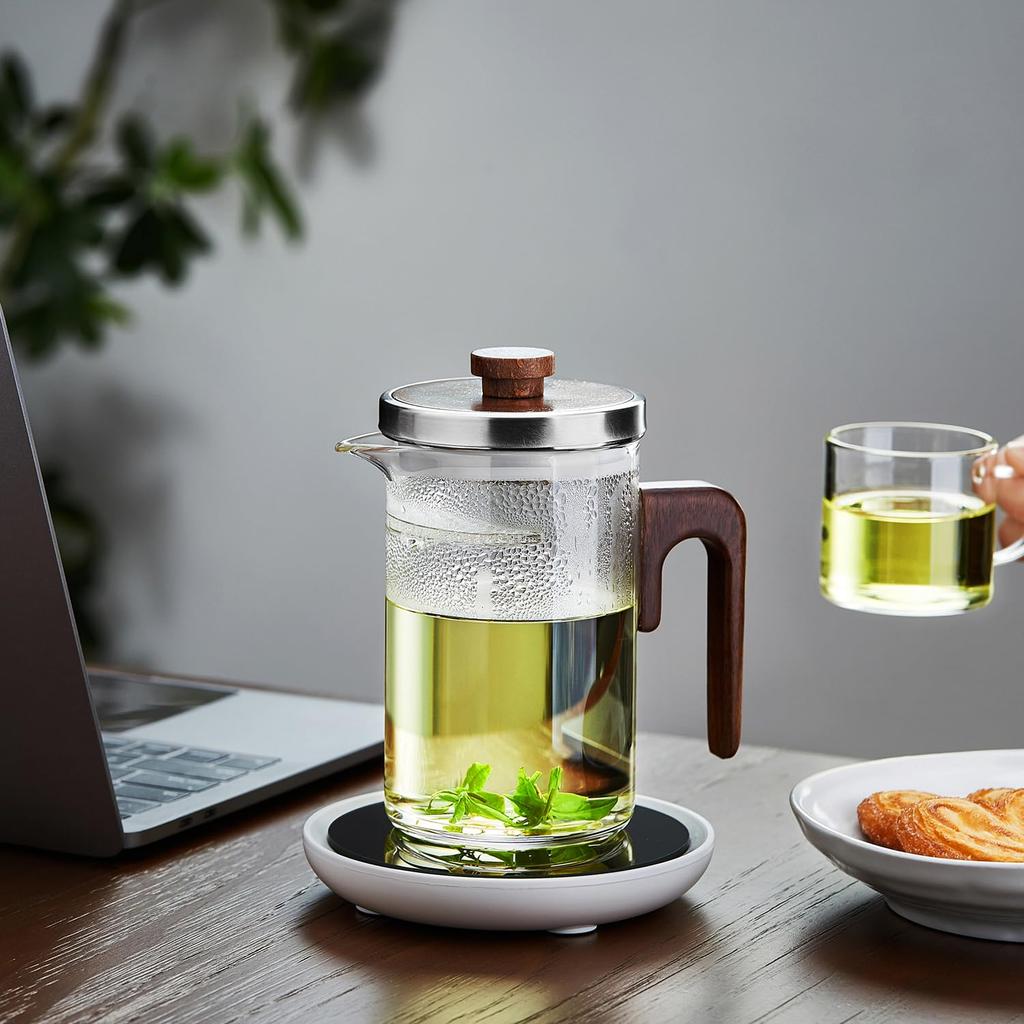 Pokaro Tea Heat-Resistant Glass Teapot, 510ml, with Stainless Steel Lid, Wooden Handle, and Integrated Strainer. Simple Design, Stylish Glass Teapot