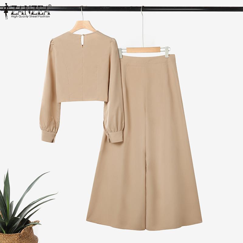 ZANZEA Женские кроп-топы с длинным рукавом и брюки с широкими штанинами, повседневный костюм-двойка