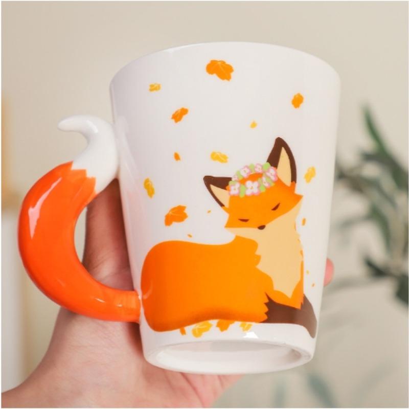 360ML Ceramic Fox Mug Creative Fox Tail Handle Water Cup Cartoon Animal Coffee Breakfast Milk Mug Home Office Water Cup Gift