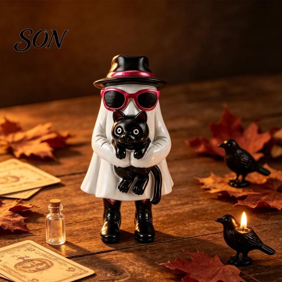 Black Cat Hugging Ghost Funny Halloween Figurine with Cat, Resin Statue Sunglasses & Top Hat, Retro Ornament for Home Tabletop Bookshelf