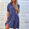 European and American Women's Casual Cotton Linen Short Sleeve Lapel Dress
