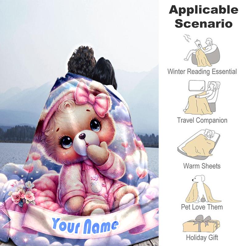 1PC Custom Name Pink Teddy Bear Dreams Flannel blankets Patterns Throw Blanket All-Season Soft Gift for Couch, Bed, Camping gifts