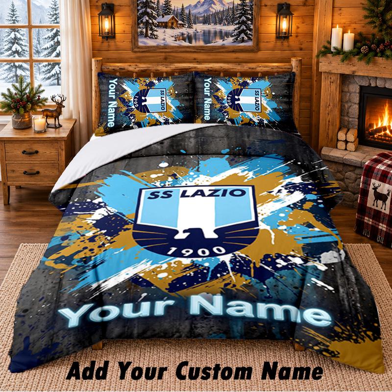 Lazio FC Pattern Bedding 3Pcs Set Custom Name, Bed Sheet And Pillowcases For Home Bedroom