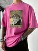 Retro Styled Cat Calling Out Print Washed TShirt Men Summer Vacation Clothing Casual Crewneck Tee Shirt Loose Cotton Streetwear