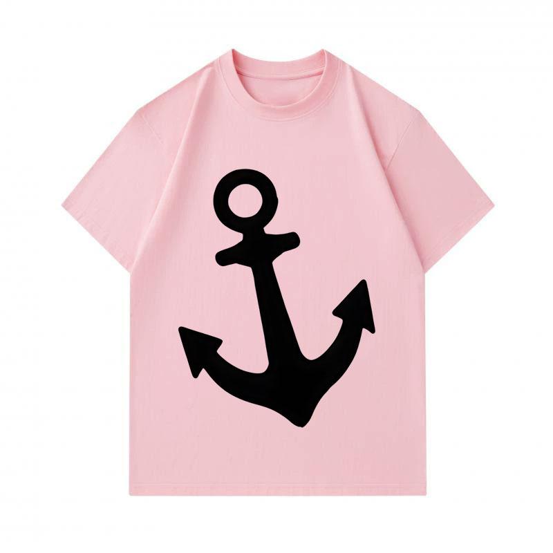Men's 100% Cotton Crew Neck Short Sleeve T-Shirt, Casual Black Minimalist Anchor Print Comfortable Breathable Loose Fit Summer Daily Top for Naval Nau