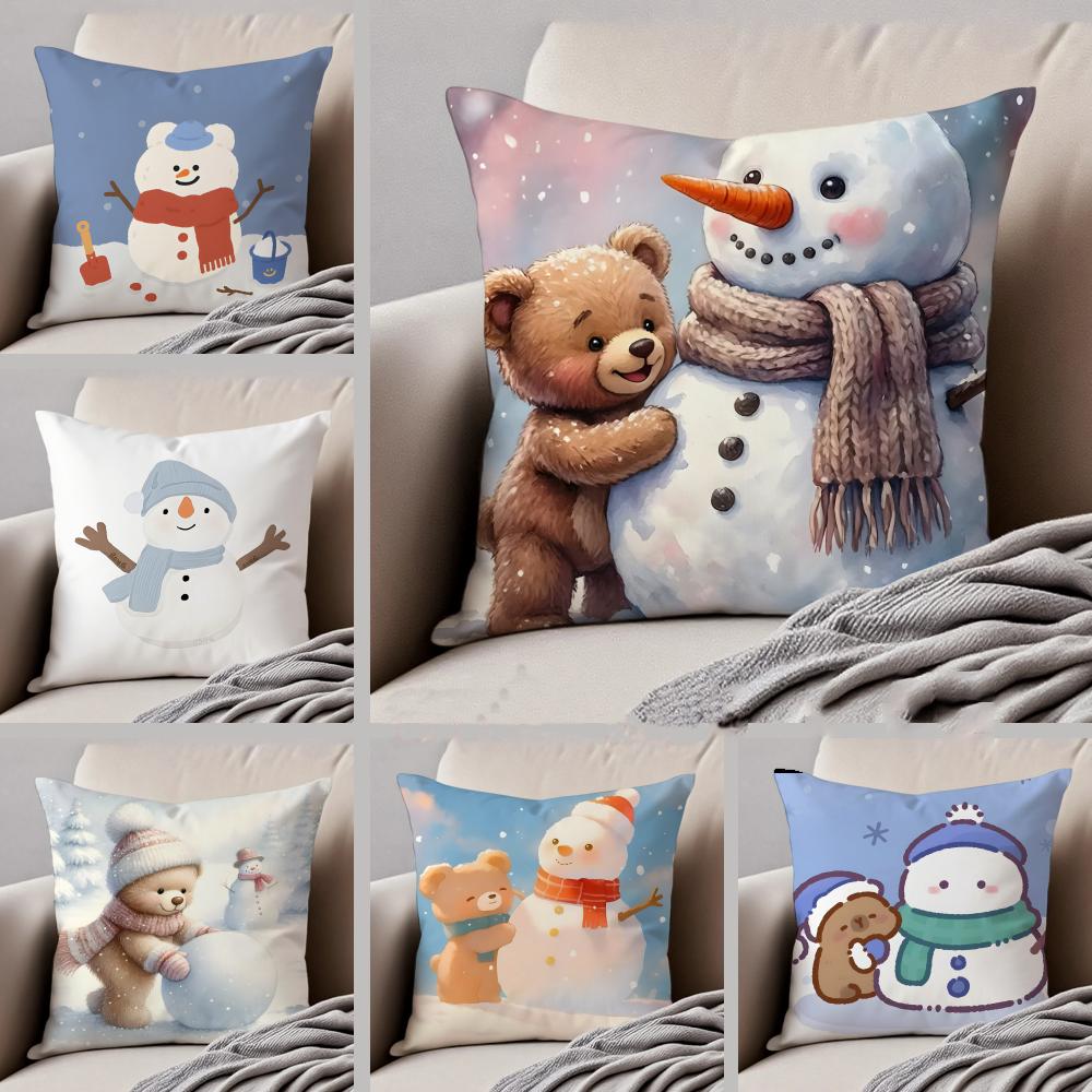 CChristmas snowman bear Cushion Cover Throw Pillow Cover Hidden Button Durable Polyester Chair Cushion