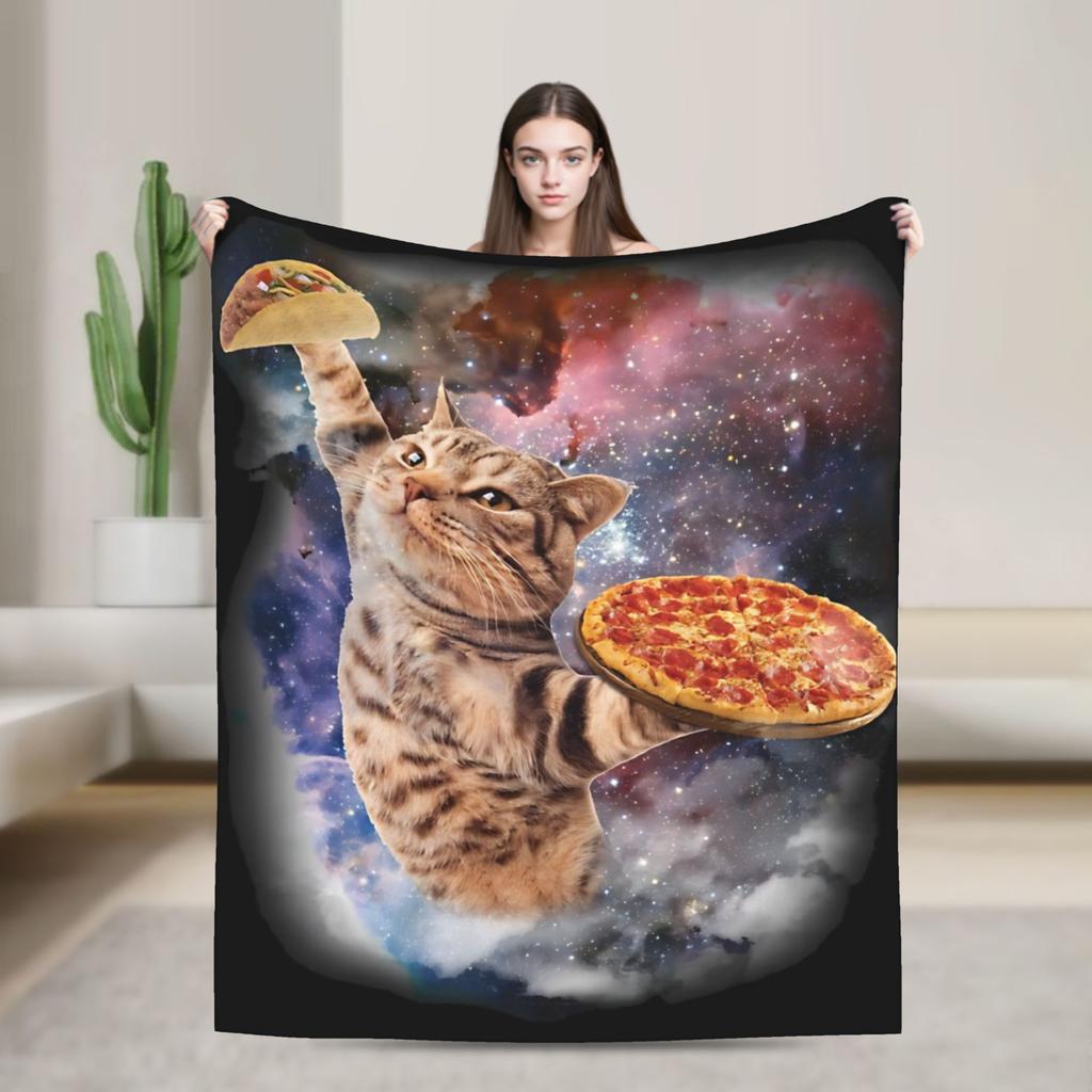 Outer Space Pizza Cat Rainbow Laser Eyes Blanket Flannel Winter Portable Soft Throw Blanket for Bedding