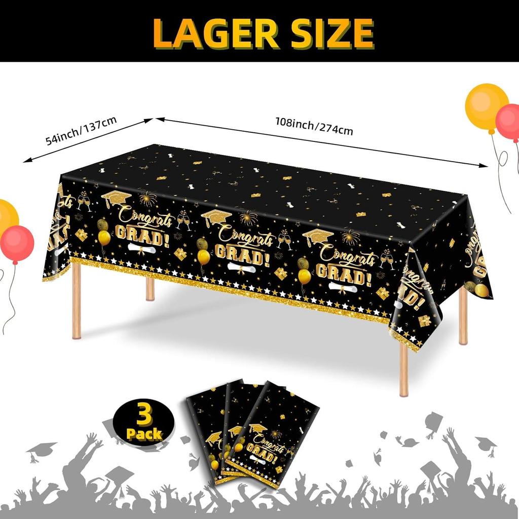 3 Pack Graduation Tablecloth Decorations,54x128inch Black Gold Congrats Grad Disposable Plastic Waterproof Rectangular Table Cloth Cover Decor for